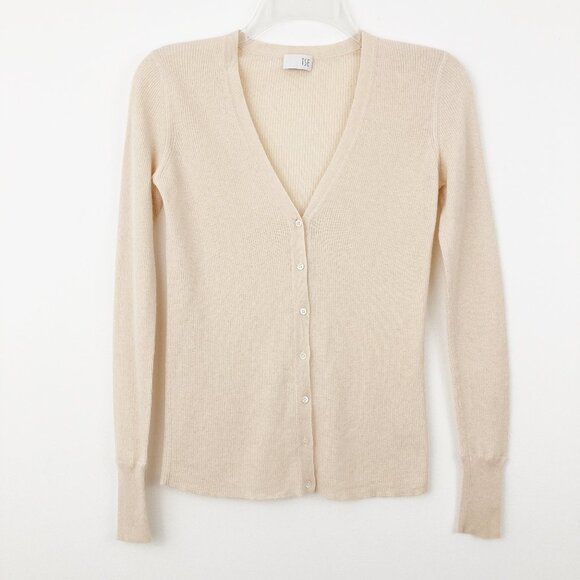TSE Cashmere Silk Ribbed Cardigan Size S Cream Lightweight Neutral Quiet Luxury - Picture 1 of 5